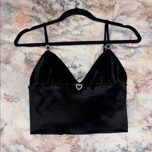 Forever 21 Black Satin Camisole with Heart Detail crop top